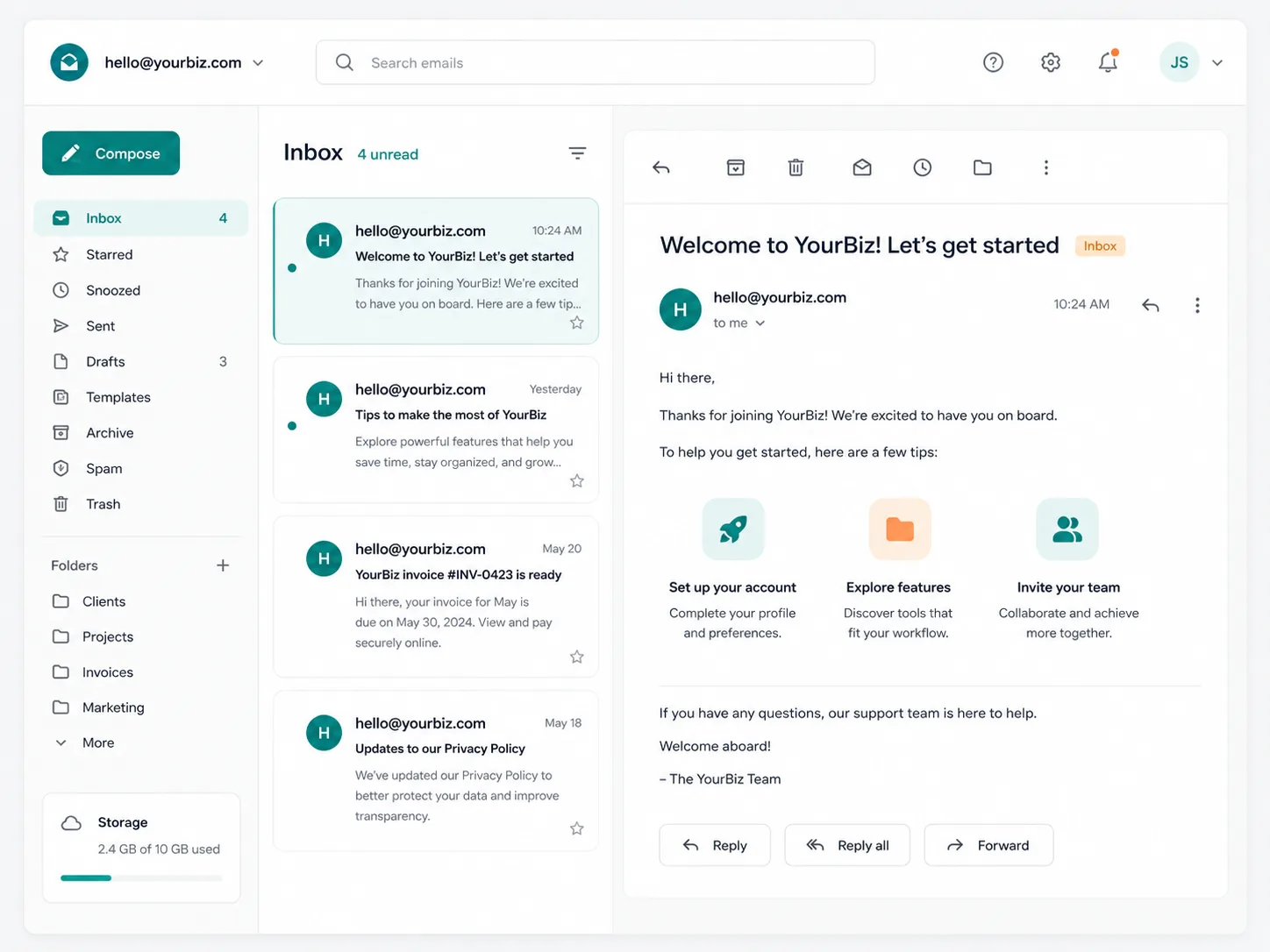 Professional email inbox at hello@yourbiz.com set up by Modusdom